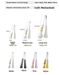 Size chart for cat paw food tongs in various colors and stainless steel dimensions