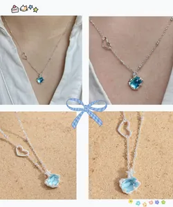 Vues détaillées du collier en argent S925 avec pendentif cristal bleu mer et cœur