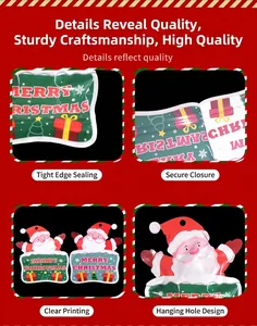 Detail view of cartoon Santa Christmas shaped bags showing clear printing and seal