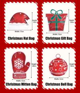 Detailed view of various Christmas-themed shaped self-sealing gift bags with sizes