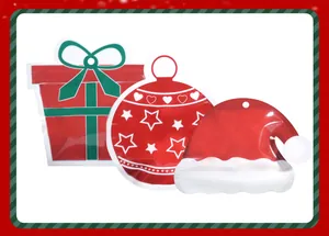 Detail view of three Christmas shaped self-sealing bags: gift, bauble, and hat.