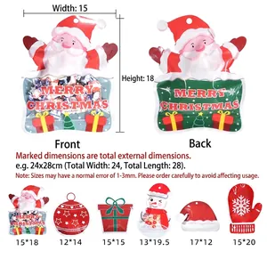 Christmas themed shaped self-sealing gift bags in various cartoon designs with dimensions