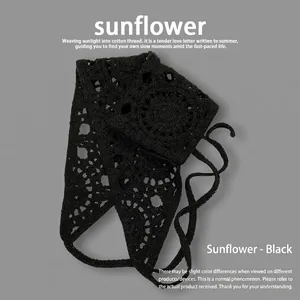 Bandana noir au crochet style français avec fleurs de tournesol pour femmes