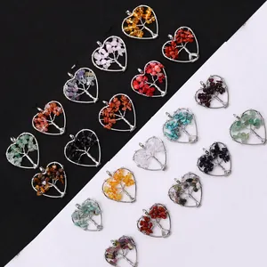Handmade Heart Shaped Tree Of Life Pendant Natural Stone Chips Wire Wrapped Copper Jewelry Accessories For Necklace DIY Jewelry Making