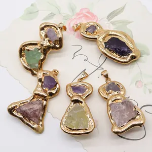Five irregular natural raw stones in gold-plated settings for DIY jewelry making