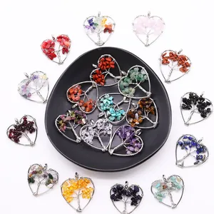 Tree of Life heart pendants featuring natural gemstone chips and silver wire wrapping