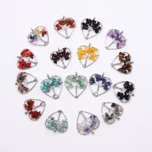 Set of 16 heart-shaped tree of life pendants with colorful natural stone chips for DIY jewelry