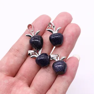 Apfelförmige Anhänger aus blauem Sandstein mit silbernen Metallblättern für DIY-Halsketten