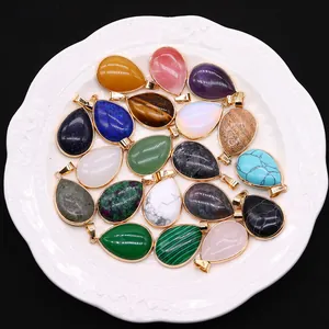 Set of 18 teardrop natural stone pendants with gold clasps for DIY necklaces making