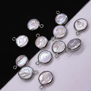 Natural Freshwater Pearl Round Flat Baroque Pendant Silver Plated Copper Edged Charms For DIY Jewelry Making Accessories