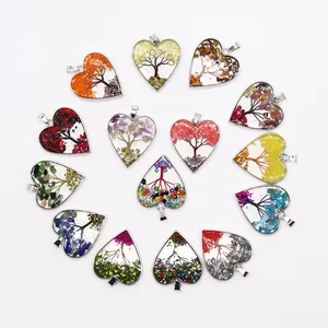 Set de 14 colgantes Árbol de la Vida en forma de corazón con piedras naturales y alambre