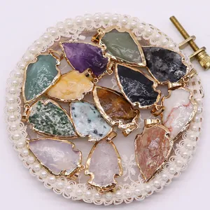 Pendentifs en pierre naturelle en forme de flèche avec bordure dorée pour bijoux DIY