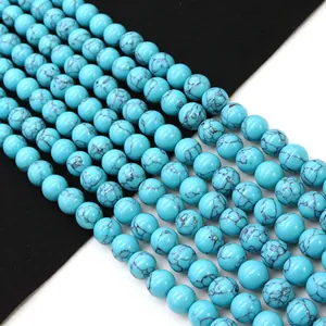 Cuentas redondas de turquesa azul con vetas negras para creación de joyas DIY