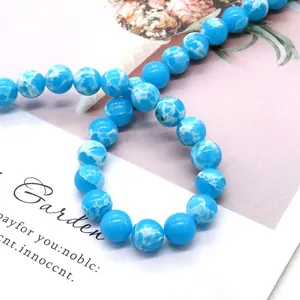 Polished sky blue natural stone round beads with marble texture for DIY jewelry making