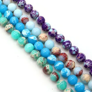 Polished natural stone round beads in blue and purple for DIY jewelry making and crafts