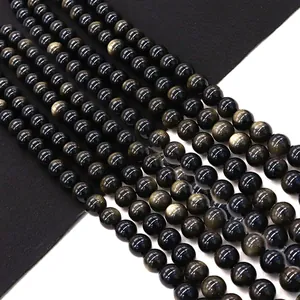 Perles rondes en obsidienne dorée polie pour la création de bijoux variés