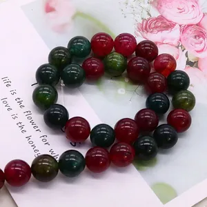 Natural tourmaline agate round beads bracelet with dark red and green crackle patterns