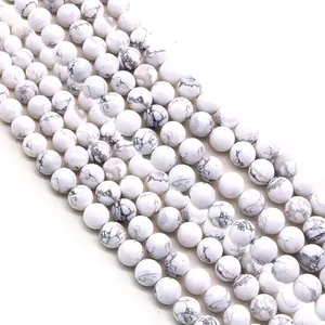 Polished round white turquoise beads with grey marble veins for DIY jewelry making