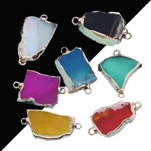Natural Agate Slice Connector Pendant Gold Plated Edging Irregular Stone Double Loop Charms For DIY Jewelry Making Necklace