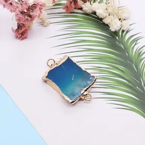 Irregular teal agate slice connector with gold plated edges for DIY jewelry making