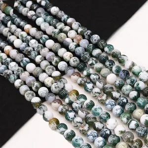 Natural Moss Agate Loose Beads Round Tree Pattern Stones For DIY Necklace Bracelet Jewelry Making Accessory Handmade Parts