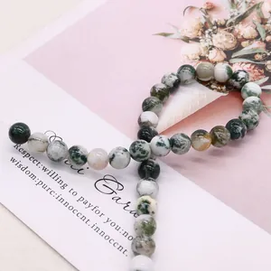 Green moss agate round beads strand on floral card for DIY jewelry making