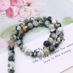 Natural moss agate beads for jewelry making with green moss texture and smooth round surface
