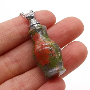 Handheld mini natural unakite stone perfume bottle pendant necklace with silver chain