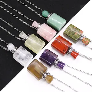 Natural Stone Perfume Bottle Pendant Necklace Stainless Steel Chain Rectangle Essential Oil Diffuser Geometric Jewelry For Unisex