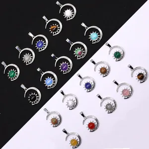 Natural Stone Celestial Sun Moon Pendant For Jewelry Making DIY Amethyst Lapis Tiger Eye Agate Pendant Only Without Chain