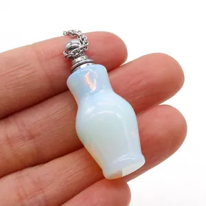 Miniature opal-like natural stone perfume bottle necklace pendant with silver chain