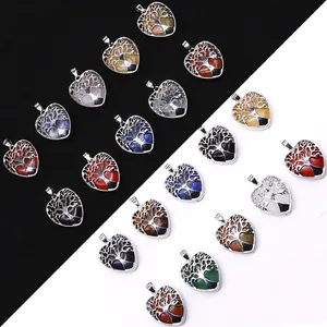 Tree Of Life Heart Pendant Natural Stone Crystal Agate Alloy Hollow Charms For DIY Jewelry Making Pendant Only Without Chain