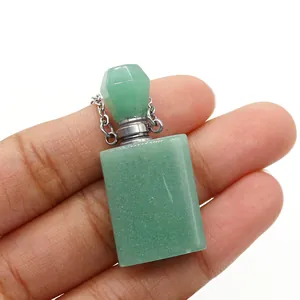 Detailed view of rectangle green quartz gemstone essential oil bottle pendant with silver chain