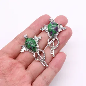 Natural Amethyst crystal angel wing key necklace pendant with intricate silver metal detail
