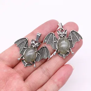 Antique silver bat pendant necklace with natural gemstone labradonite wings charms