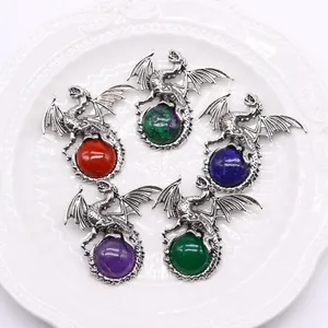 Vintage viking dragon pendant set with natural stone beads in five diverse colors