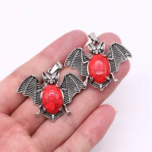 Gothic bat pendant with red natural stone and silver alloy plating for jewelry DIY
