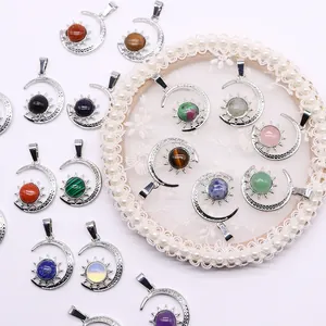 Star and moon sun natural stone pendants in polished silver setting for DIY jewelry making