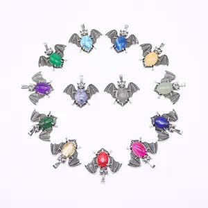 Set of 12 natural stone bat pendants with silver alloy plating in vibrant colors