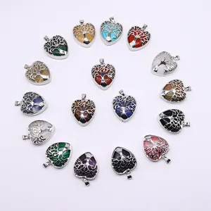 Variety set of heart-shaped life tree pendants in colorful natural stone and crystal