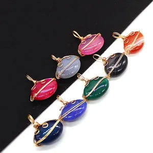Natural Agate Stone Oval Wire Wrapped Pendant Only Without Chain Retro Ethnic Striped Agate Gemstone DIY Jewelry Making Accessory