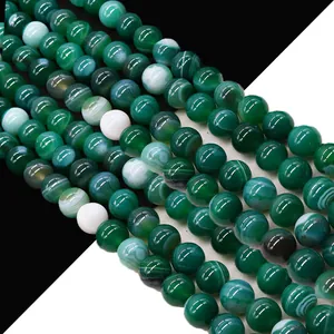 Polished Natural Green Striped Agate Round Loose Beads For DIY Jewelry Making Necklace Bracelet Craft Accessories