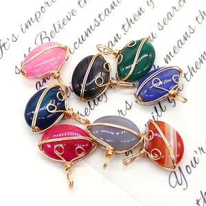 Handmade wire-wrapped oval natural stone pendants in assorted vibrant striped colors