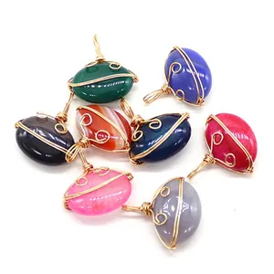 Set of eight colorful oval striped agate pendants with gold wire wrapping and loop hooks