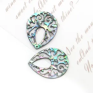 Natural abalone shell teardrop hollow pendants with iridescent pearl luster for DIY jewelry