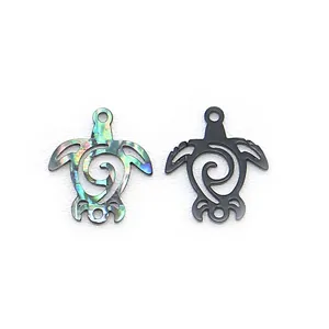Turtle shaped abalone shell pendants with hollow spiral pattern in colorful and black