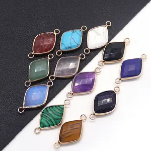 Natural malachite and colorful gemstones in rhombus gold connectors for DIY jewelry making