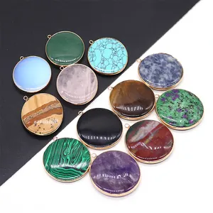 Natural Stone Round Pendant With Gold Plated Edging For DIY Jewelry Making Necklace Malachite Turquoise Rose Quartz Amethyst