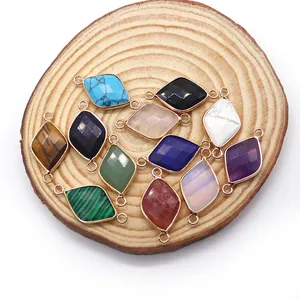 Set of 11 diamond shaped faceted natural stone connectors with gold plated double loops