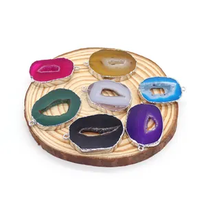 Irregular natural agate geode slice pendants with silver plating in seven vibrant colors